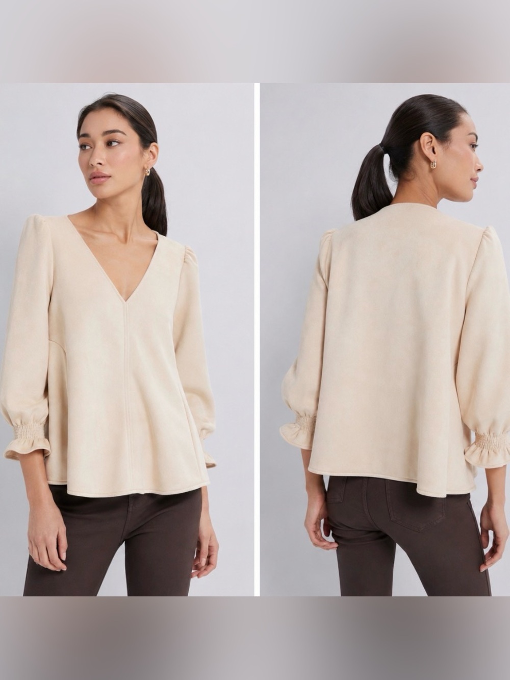 Tuckernuck - women’s Beige Faux suede Easton blouse 3/4 sleeves V-Neck Top SZ M